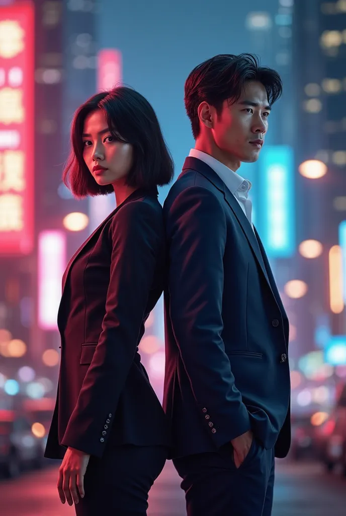 A dynamic and vibrant cinematic scene featuring two main characters from a modern Chinese drama, a brave woman (Wen Tan) dressed in a stylish modern outfit, and a handsome man (Hi Kin) in a sleek business suit, standing back-to-back with intense expression...