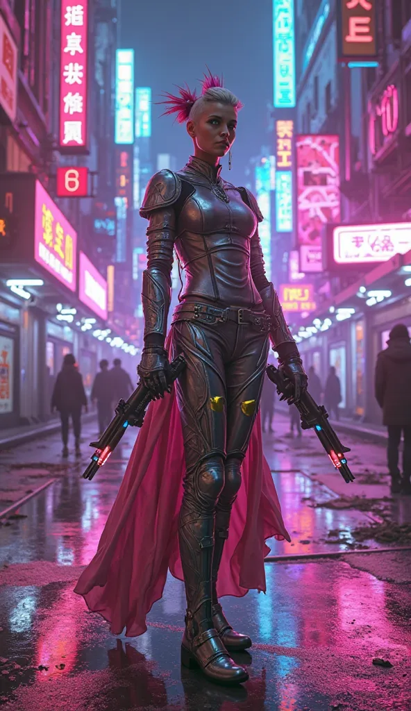 The scene is set in a dense cyberpunk cityscape, characterized by towering skyscrapers adorned with neon signage and intricate circuitry patterns. The environment is saturated with a vibrant magenta and purple glow, emanating from the myriad of holographic...