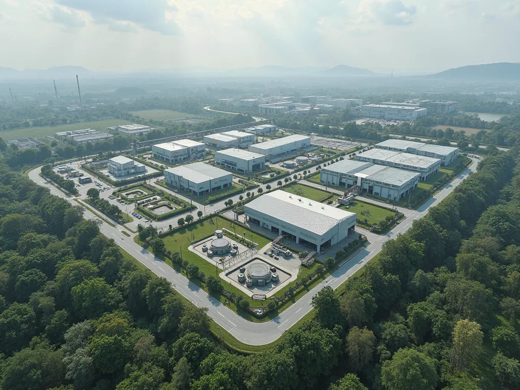 A view from above down to the industrial park, from here I can see:

a. 3 seperated blocks of building
b. They are aligning in a same side of a the road
c. Have The internal road system 

The list of building includes:
1. a factory with: the roof: inclined...