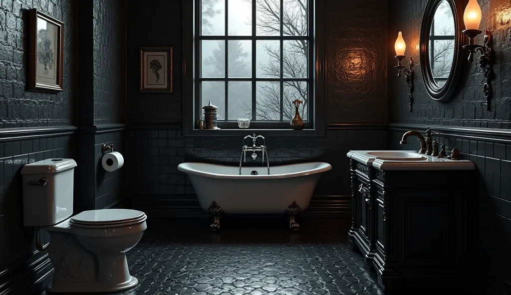 black tile bathroom with a little gothic style, show me the toilet, bathtub and the sink