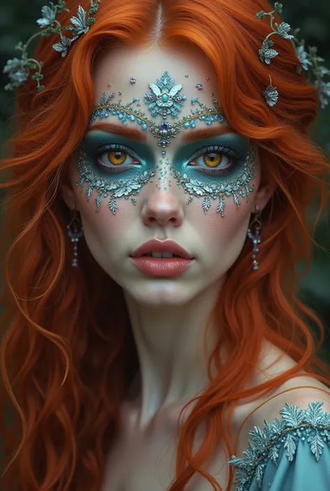 Woman with copper hair and mermaid artistic makeup, golden brown and blue eyes with blue-violet details
