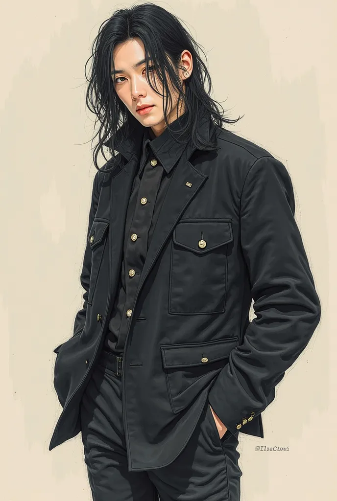 arafed male in a black jacket and pants posing for a picture, a pastel inspired by Ikuo Hirayama, tumblr, shin hanga, with his long black hair, tsurumaki kazuya, yusuke nakano, kousuke oono, kazuya takahashi, kentaro, wonbin lee, yusuke murata