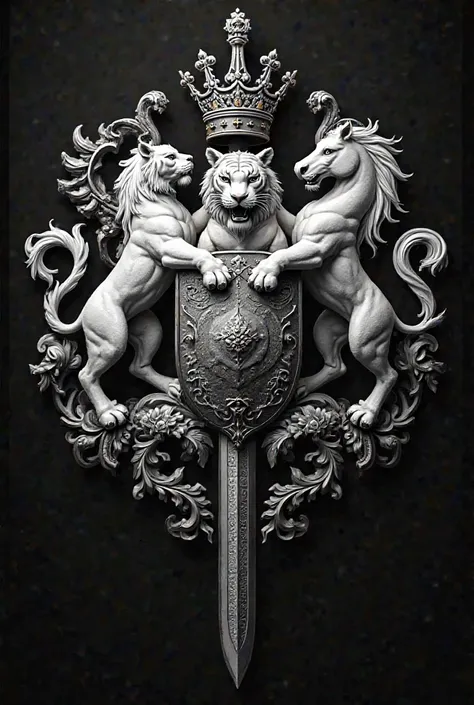 Coat of arms with a horse, white tiger, crown, shield and a katana sword. Colours are silver and black. 