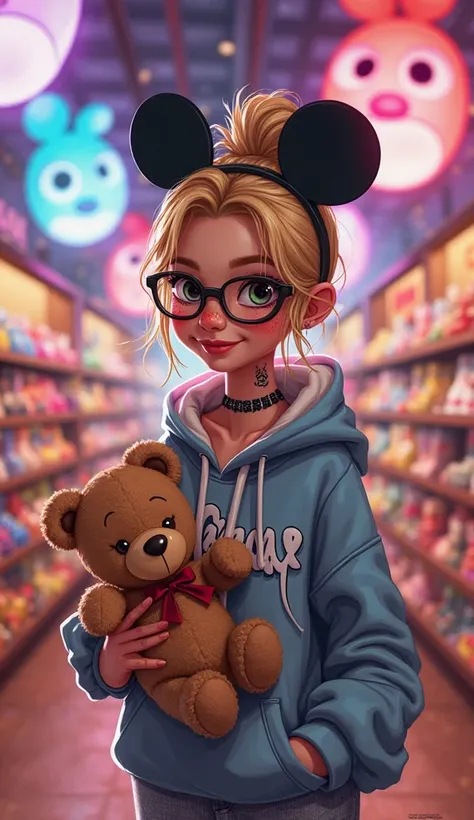 Cartoon girl in her 30s with blonde hair and freckles, posing in a disney store, wearing disney hoodie, bright colors, vibrant, glasses, tattoos, neck tattoo, messy bun, surrounded by giant floating glowing toys, wearing mickey mouse ears, holding a stuffe...