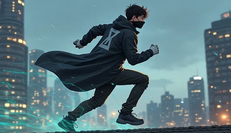  draw me a guy who is running very fast .  he is wearing a black knee-length raincoat ,  black pants that look like jeans , black lightweight running boots,  the guy's face has a mask pulled over his neck , black turtleneck under the coat, half-box guy's h...