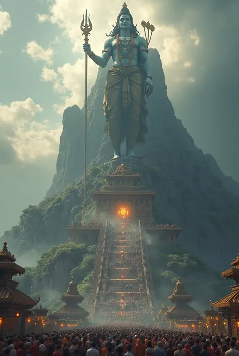 (photorealism:1.2), Create a hyper-realistic, cinematic depiction of a massive temple complex featuring a colossal, intricately detailed statue of Lord Shiva and Maa Parvati atop a towering mountain. The temple is accessed by 200 grand steps, with millions...