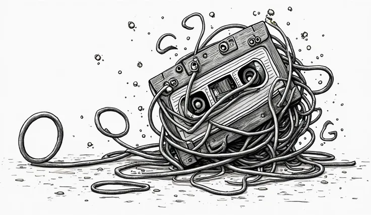 tangled cassette tape .Comic.line art black and white graphic