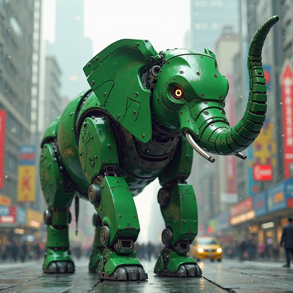 Make image realstic A real Elefante robót with Hulk's Green color costume design, In the city. Natural Bull animal standing style.