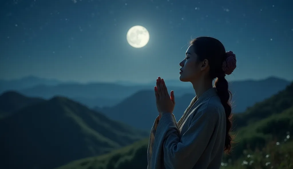 A woman in traditional attire stands on a hilltop at night, hands pressed together with aligned fingers, eyes closed in silent prayer. The moon casts a celestial glow upon her, subtly highlighting the fine details of her textured skin. The blurred backgrou...