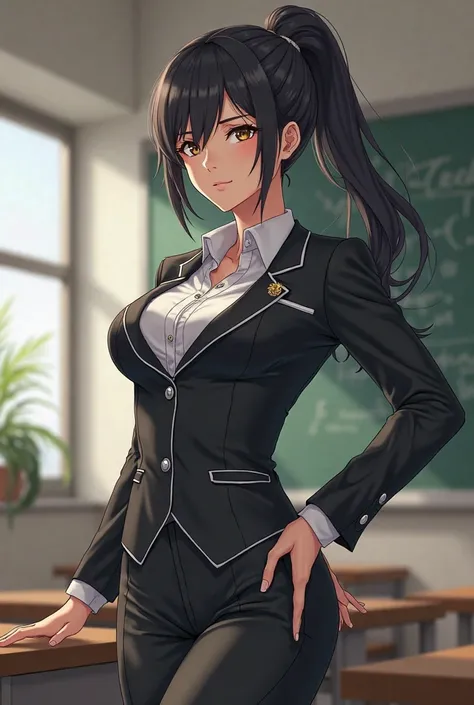 I want the image with the art style of the anime. The character is a young adult with a well-endowed and voluptuous body, has long black hair tied in a ponytail and with brown eyes. She has a serious expression on her face. She wears a teacher's outfit. 