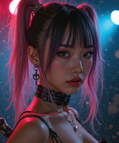 (nsfw:1.3), Genera una foto profesional 8k UHD de la chica diosa japonesa yuimetal con cabello gemelo en ropa interior, (((cicciolina lingerie ))),  leather rainbow and steel studs , ((cicciolina cosplay)), Space galaxy in the background, metal rock music ...