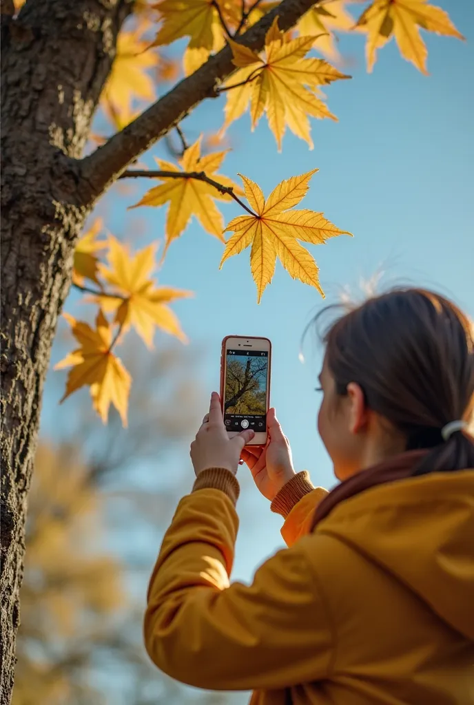 A young girl touch the leaf of big three and take photo of the leaf of big tree with another hand  with her i phone she wears brown chader and yellow coat the face of gril is turned not shown and the sky is blue 