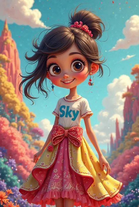 A cartoon of a girl in a cool dress. Write the name SKY on the shirt