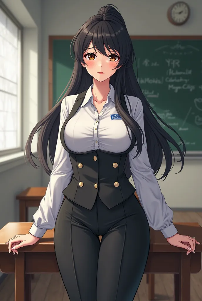 I want the image with the art style of the anime. The character is a young adult with a well-endowed and voluptuous body, has long black hair tied in a ponytail and with brown eyes. She has a serious expression on her face. She wears a teacher's outfit. 