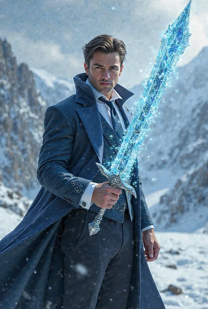 Handsome gentleman using a magic ice sword