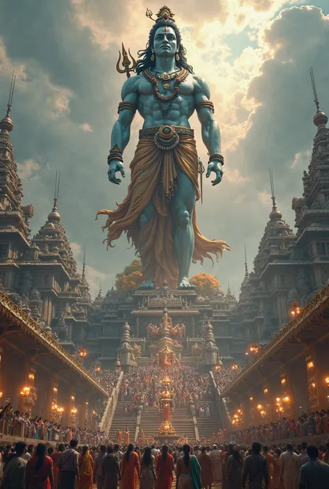 (photorealism:1.2), Create a hyper-realistic, cinematic depiction of a massive temple complex featuring a colossal, intricately detailed statue of Lord Shiva and Maa Parvati atop a towering mountain. The temple is accessed by 200 grand steps, with millions...