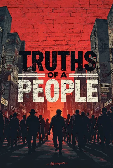 "An impressive banner for a YouTube channel called 'Truths of a People'. Design must convey struggle, resistance and social conscience. The background should show an urban city with a realistic and dramatic style, with murals of protest, graffiti with mess...