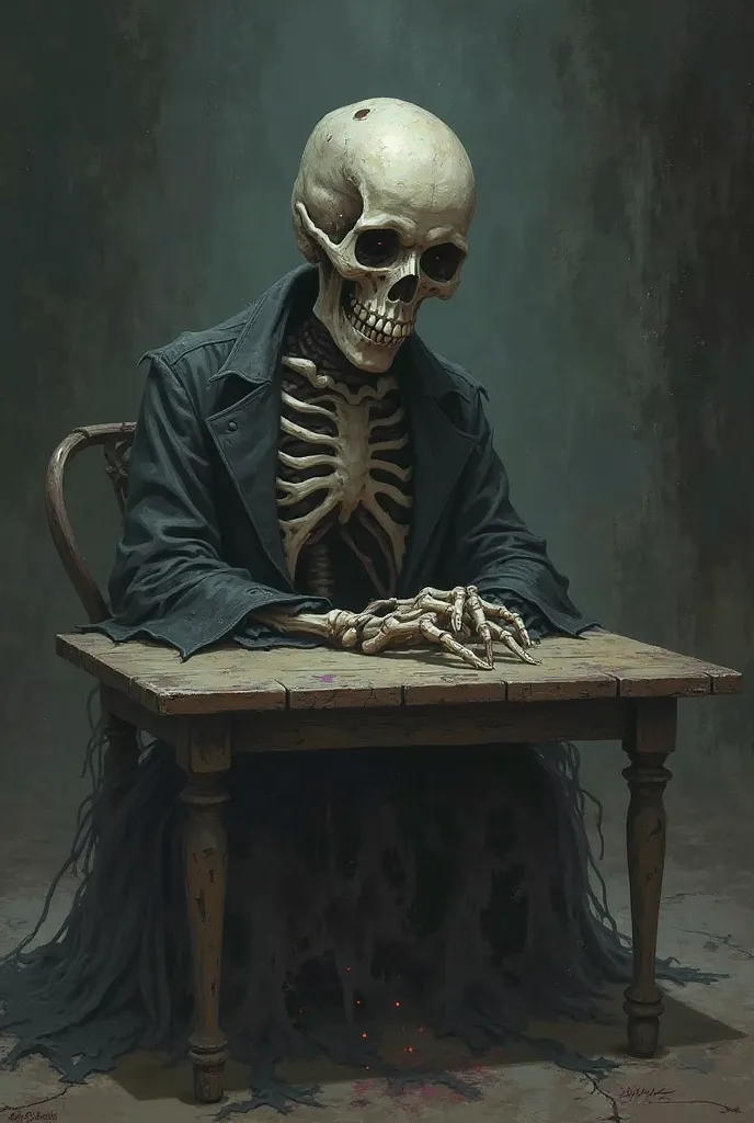 mystical, Illustration, dark, skeleton, Only head can be seen, Sit at a table 