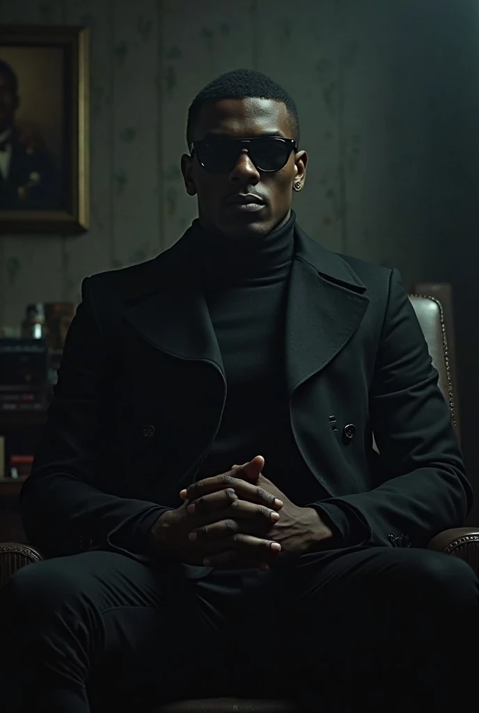 Kylian Mbappé in a dark trench coat, wearing sunglasses, sitting in a chair with his hands folded, looking like a dangerous mafia figure.            