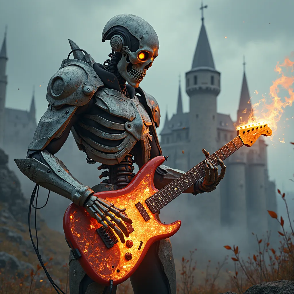 a very strong skeleton with a futuristic armor, Play a burning guitar, in the background a medieval castle , With a dark evening air