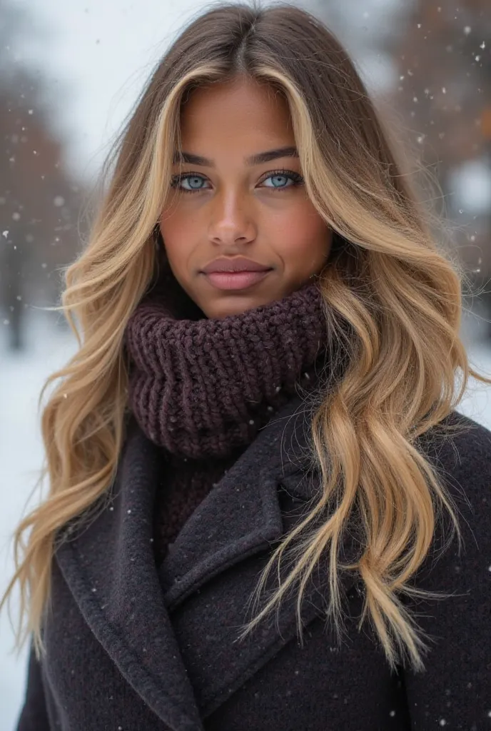 A striking young woman in her early 20s, embodying a perfect blend of Russian and African-American heritage. She has long, flowing blonde hair with natural waves, cascading over her shoulders. Her deep blue eyes, inherited from her Russian mother, are shar...