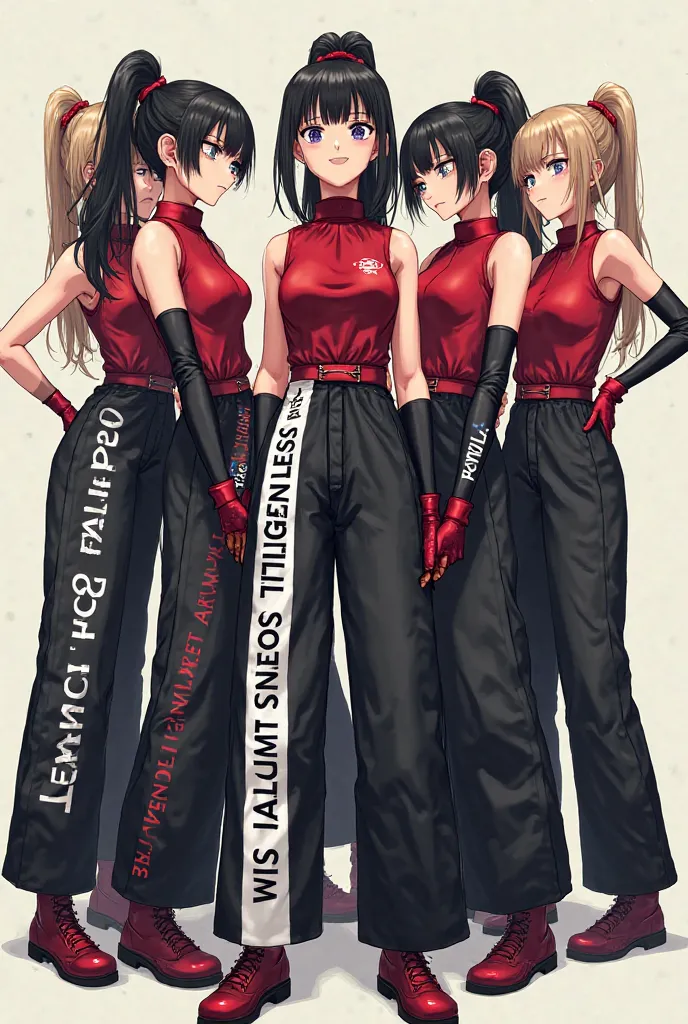 Create a group of girls wearing wide black pants with things written on the white one, the dark red shirt with sleeveless collar and gloves, all with ponytails 