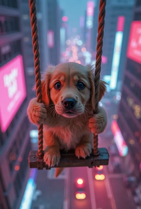 A frightened golden retriever puppy dangles from a precarious swing, suspended high above a cyberpunk city at night. Its wide, tear-filled eyes glisten under the neon glow, reflecting sheer terror as its tiny paws grip the thick ropes with all their streng...