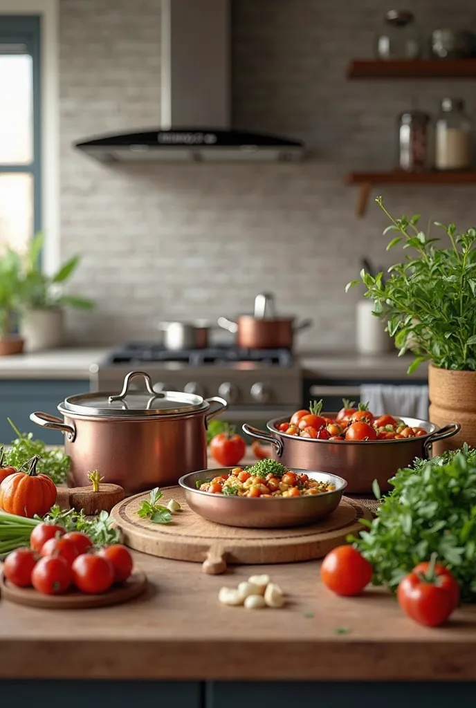 Create an image with a modern kitchen in the background, with utensils on the bench (Pots, cutlery, skimmers) and various recipe ingredients