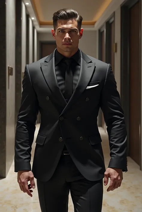 realistic, huge muscle bodyguard, short hair, handsome, black suit