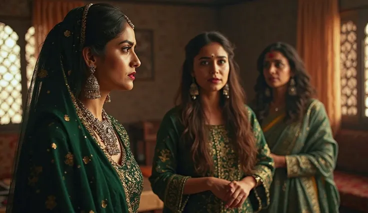 "A dramatic and intense moment between two South Asian women in a traditional setting. The woman in the foreground, dressed in an elegant dark green outfit with gold embroidery, has a serious and emotional expression, her gaze fixed in the distance. She we...