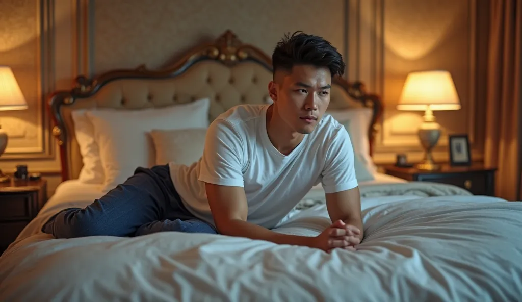 A photograph of a tan-skinned, handsome 27-year-old Thai man with a short Ivy League haircut in a white T-shirt and a man's dark blue pyjama pants, lies sleepless pondering on a bed in a huge and luxurious champagne color bedroom in the French Château Styl...