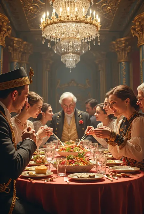 Title A Feast，Classical Western Characters，Food and character magnification，Characters Should Be Interactive，There is a crystal lamp，I want a gorgeous and luxurious banquet