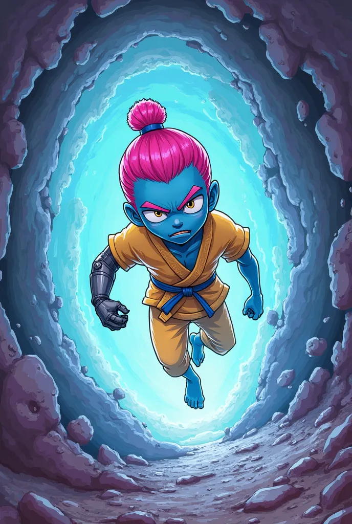 cartoon male character falling to portal. he has blue skin, pink man bun hair, right robotic arm and he looks weak wearing yellow karate suit, anime style, cartoon