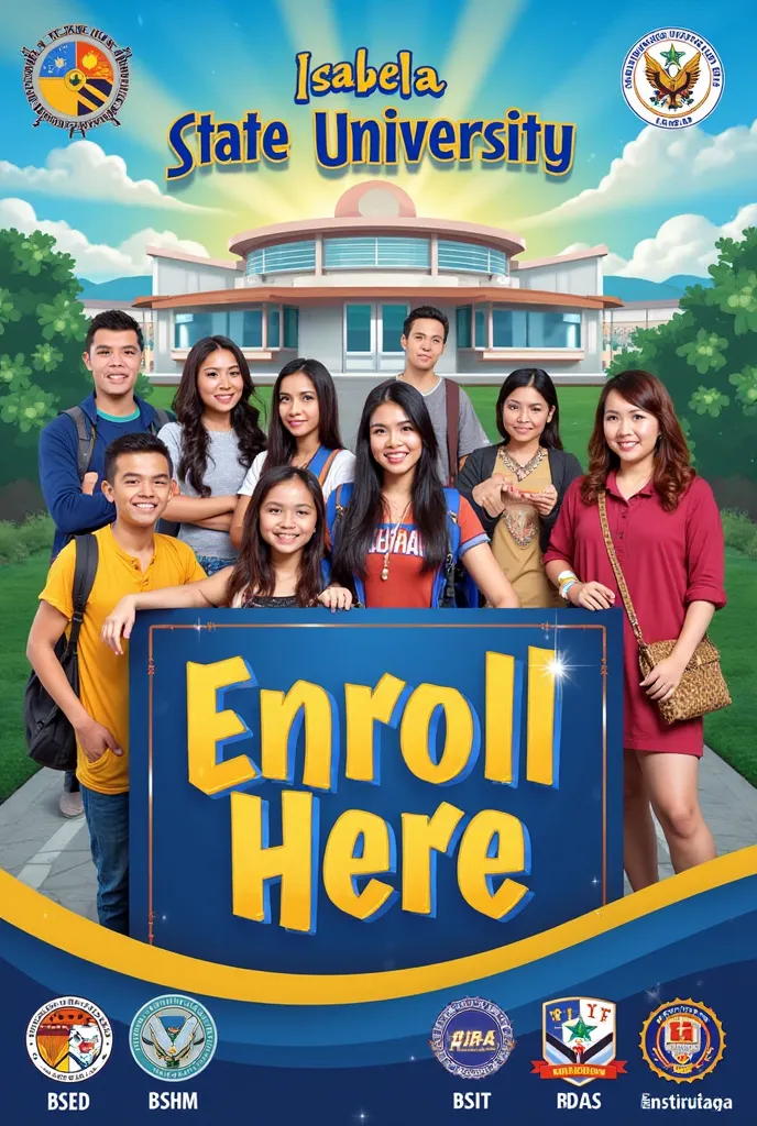 a poster art that indicates "enroll here at Isabela State University - San Mariano Campus, we offer courses like, BSEd, BSHM, BSIT, and BSA"