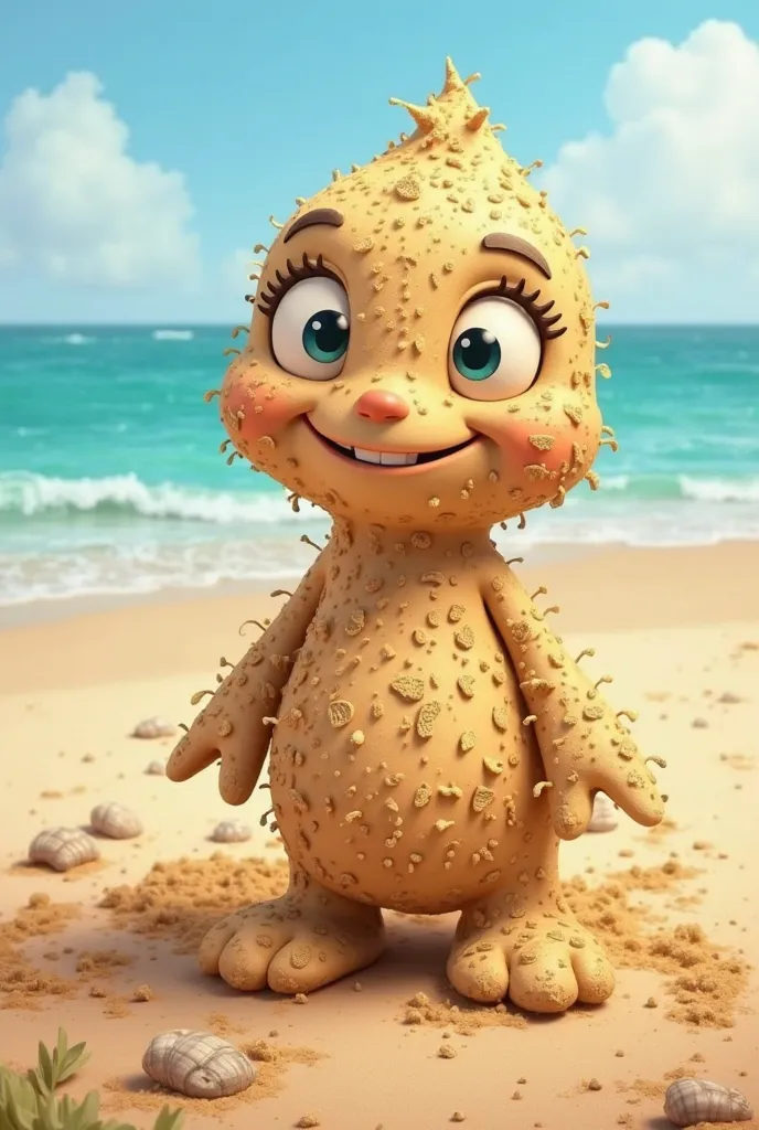 Create a cartoon-style image of a character made of sand. It must have a textured sand body with small details, shape like shells and tiny stones, embedded in its. The character must have a friendly expression and bright eyes. The surrounding scenery may i...