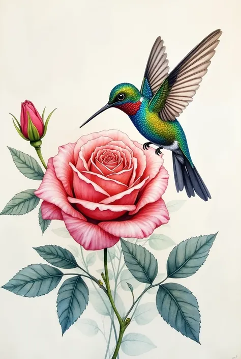 watercolor drawing of a beautiful embroidery of a hummingbird picking a rose