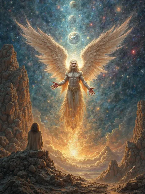 ,A grand artistic painting depicting God and lucifer creating the universe and the world. The image should be highly detailed and full of emotion, with a majestic and awe-inspiring presence. Gog and lucifer can be depicted as a celestial figure, radiating ...