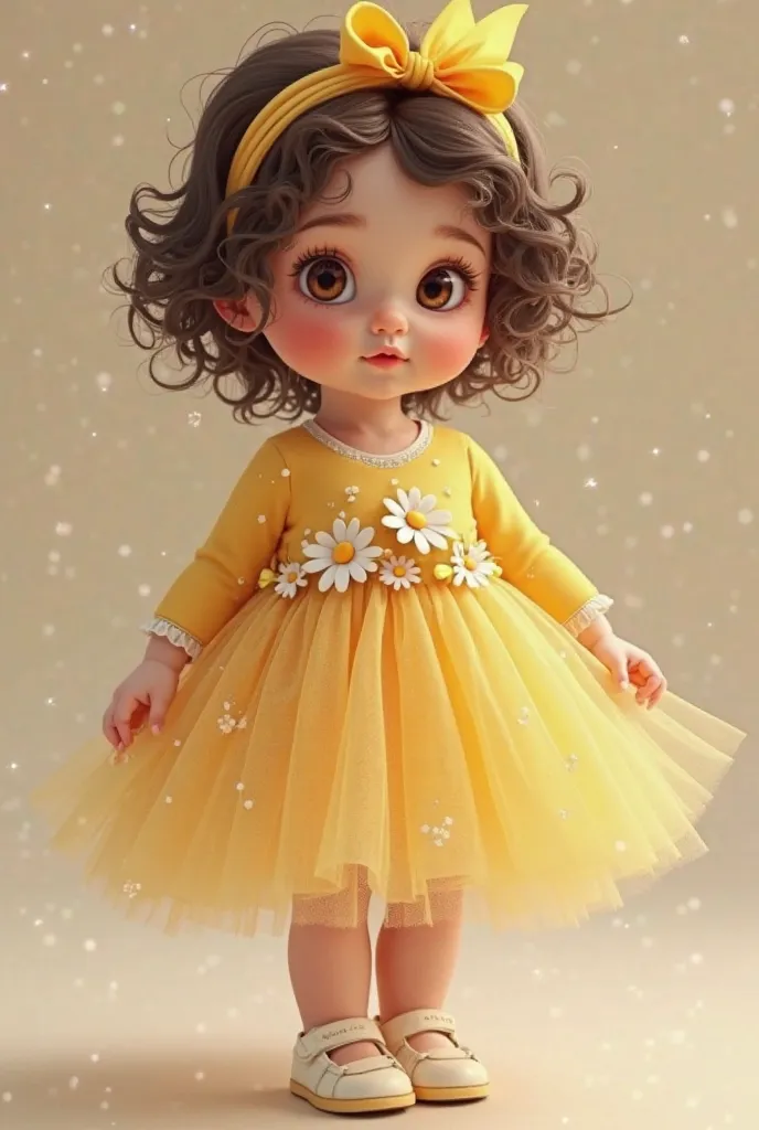 hello, I would like the image of a fair-skinned  baby, small eyes slightly rounded brown, hair with curly tips,  Dark brown , With yellow ribbon, yellow long sleeve dress with tulle and daisies,  little white shoe . Thanks 