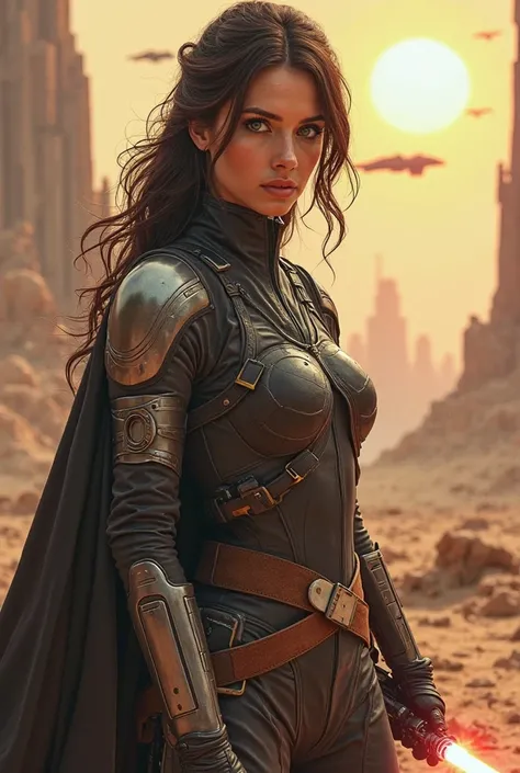 A stunning female warrior in the Star Wars universe, around 30 years old, with wavy dark brown hair and striking green eyes. She wears a futuristic yet practical outfit, inspired by Jedi or bounty hunter aesthetics, with intricate details, armor elements, ...