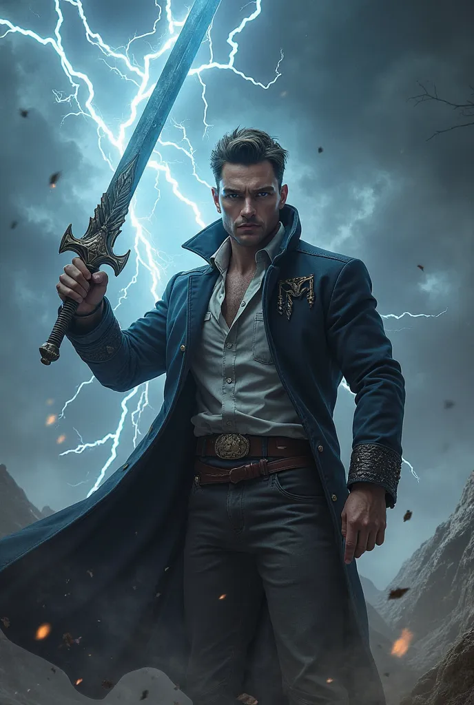 Handsome gentleman using a magic lightning sword