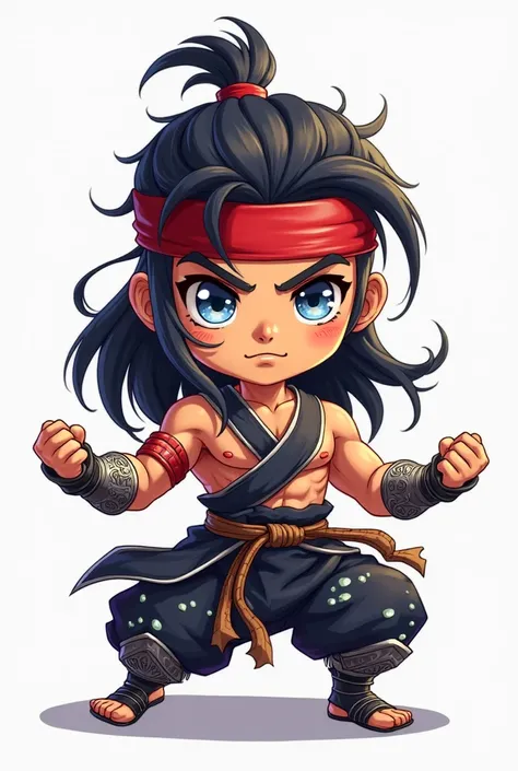 A detailed digital art illustration in isometric perspective of a chibi-style male character inspired by classic RPG games. The character has tan skin, long black hair, and silver blue scales scattered across his body, wearing a red headband. His eyes are ...