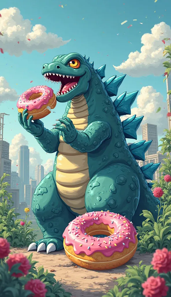 Create a Godzilla cartoon anime eating a super cute donut