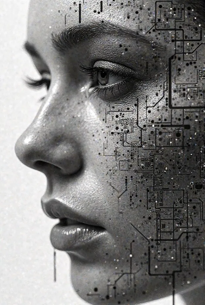 *Concept**: A close-up of a face whose pores and wrinkles morph into tiny glitch patterns, QR codes, or circuit boards.  
   - **Technique**: Combine ultra-realistic charcoal shading with precise, mechanical lines for the digital elements.  
   - **Theme**...