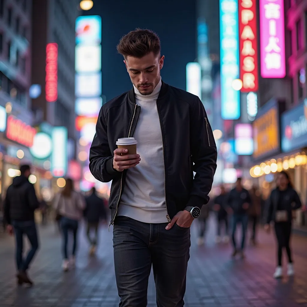 "A stylish and confident young professional walking through a vibrant city street at night, surrounded by glowing neon signs and modern skyscrapers. He wears a well-fitted black bomber jacket over a white turtleneck, paired with slim-fit dark jeans and whi...