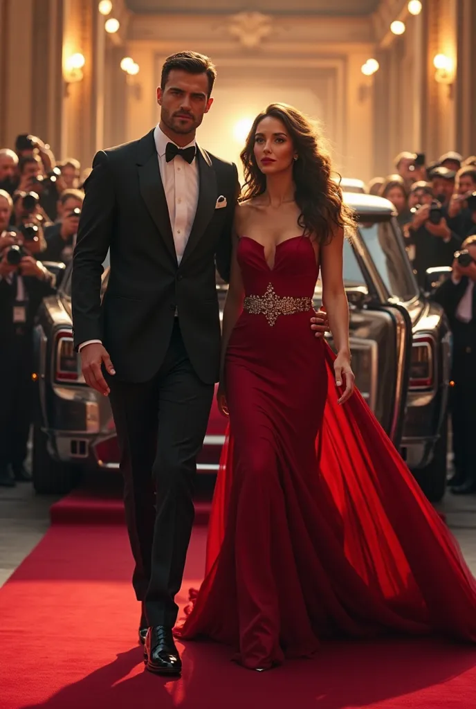 A Hot and sexy guy with a beautiful female at a red carpet event, coming out of a fancy car and paparazzi taking pictures of them.