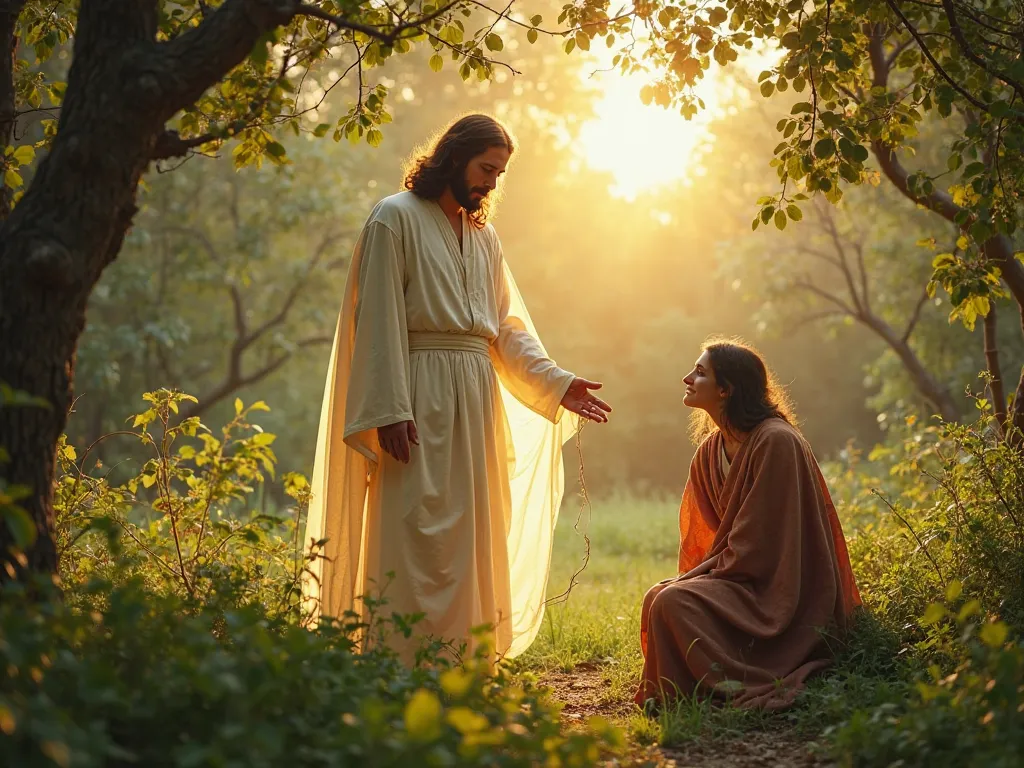 A verdant garden bathed in the glow of dawn. jesus, now dressed in a resplendent white robe, with a divine light around them, appears before Mary Magdalene. His eyes reflect peace and love , her hands still show the marks of the nails. Mary falls to her kn...