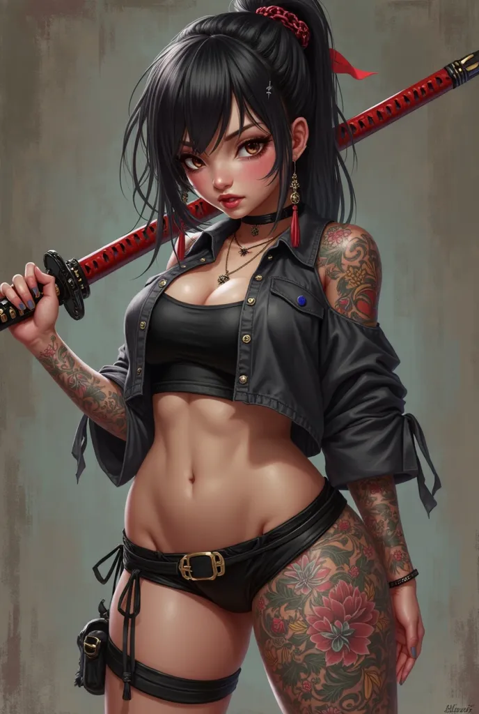 Chubby emo Asian girl with curves, short shirt close to the body, tight pants below the bikini line, flashy tattoos, with a katana in his hand, Conceptual art, first-person view, UHD, Masterpiece, Accurate, Super detail, high details, HD