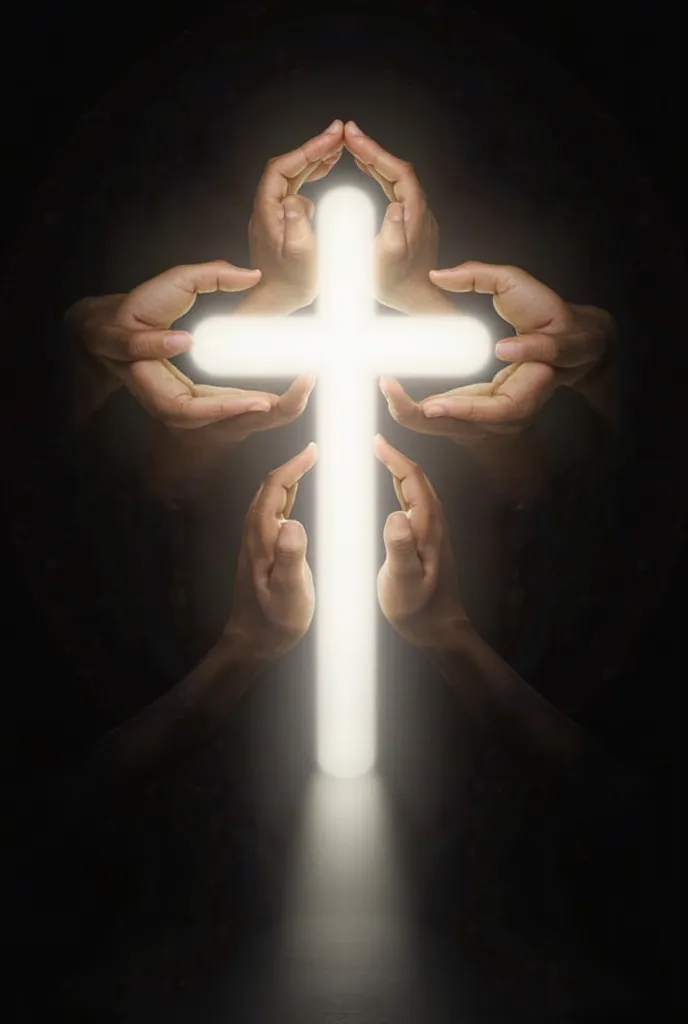 A symbolic and spiritual image showing multiple human hands forming the shape of a glowing cross. Each hand uses the thumb and index finger to create the cross's outline. There are eight hands of varying skin tones, symbolizing diversity. The cross emits a...