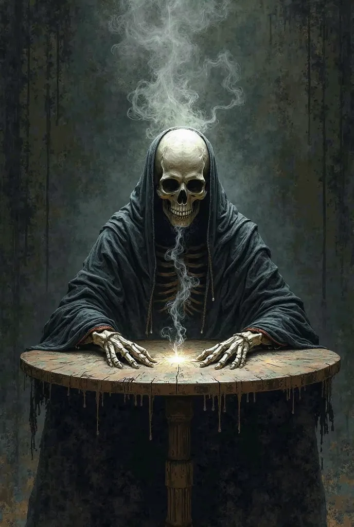 mystical, Illustration, dark, skeleton, Only head can be seen, Sit at a table, smokes