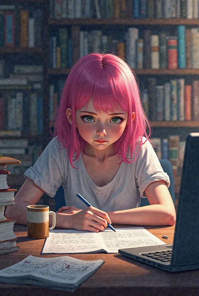 A student girl with pink hair and is overwhelmed studying.